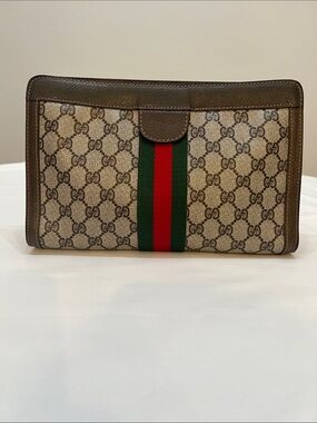 Vintage Designer Styled  Clutch Bag Brown GG Canvas with Green and Red Stripe